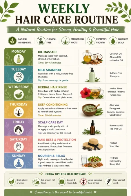 weekly hair care routine infographic showing natural schedule including oil massage, herbal hair rinse, mild shampoo, scalp care, and hair protection for healthy hair growth