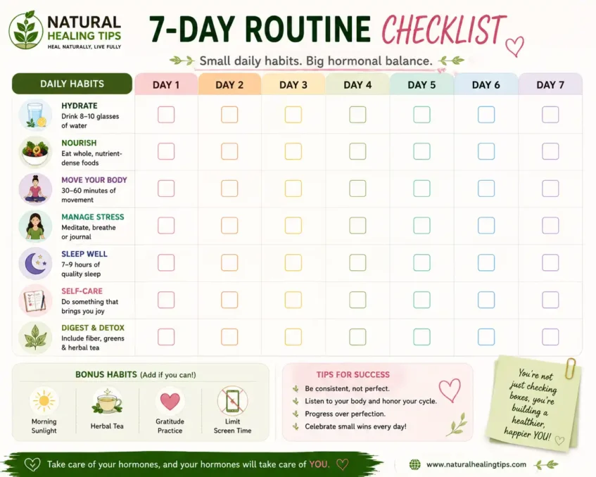 How to Regulate Periods Naturally 8 Infographic checklist showing a 7-day healthy routine for hormone balance including hydration sleep exercise healthy meals and stress management