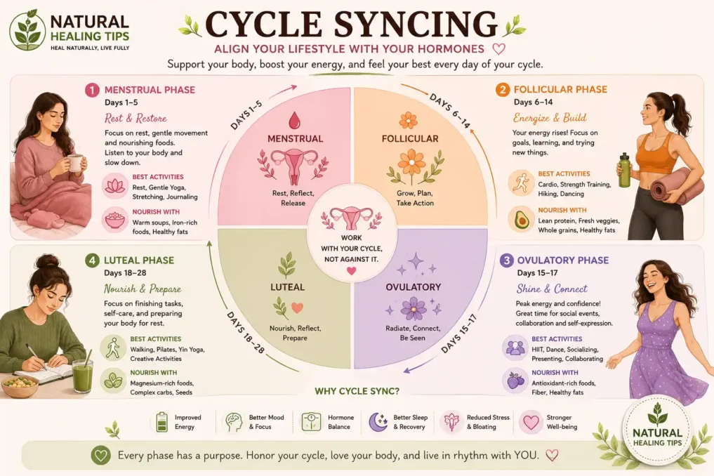 How to Regulate Periods Naturally 7 Infographic explaining cycle syncing phases workouts foods and lifestyle habits for hormone balance naturally
