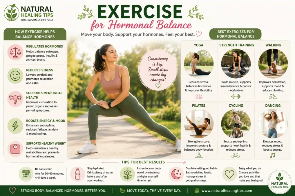 How to Regulate Periods Naturally 6 Infographic showing yoga walking strength training and cycling exercises that support hormonal balance naturally