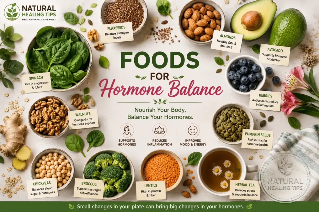 How to Regulate Periods Naturally 3 Flat lay of healthy foods like leafy greens seeds berries avocado lentils and herbal tea for hormone balance support