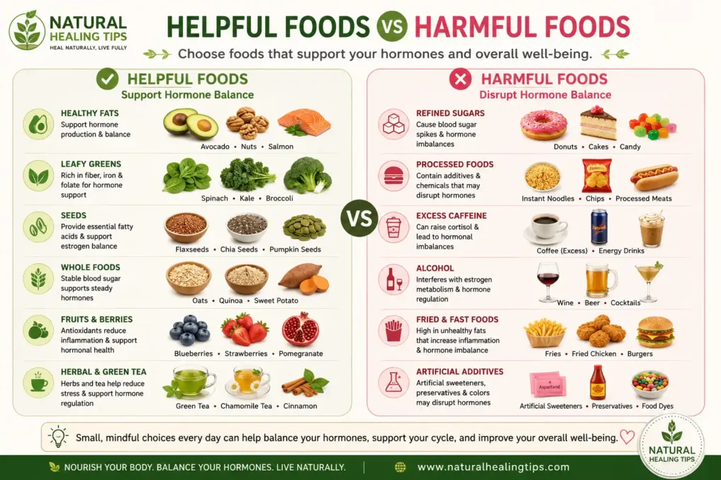How to Regulate Periods Naturally 4 Comparison infographic showing healthy foods and harmful processed foods that affect hormone balance naturally