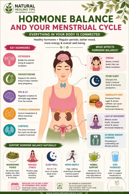 How to Regulate Periods Naturally 1 Infographic explaining hormone balance stress sleep nutrition and menstrual cycle health naturally