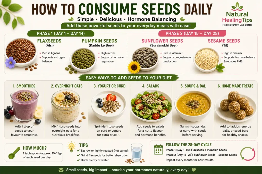 ways to consume flax pumpkin sunflower sesame seeds in smoothies oats yogurt and meals for seed cycling and hormone balance