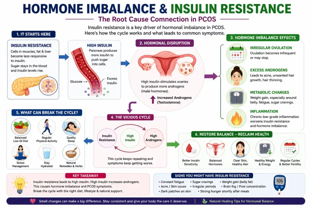 Diagram explaining how insulin resistance leads to hormone imbalance in PCOS including high insulin, androgen increase, irregular periods, and weight gain