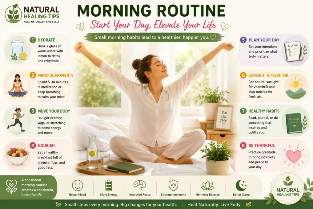 How to Regulate Periods Naturally 5 Woman practicing a healthy morning routine with hydration sunlight stretching and mindfulness for hormone balance naturally