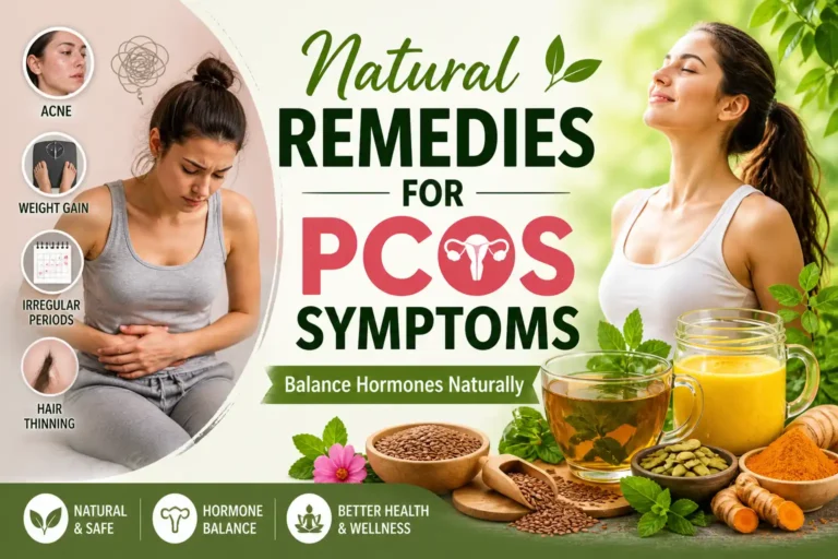 Natural remedies for PCOS symptoms showing herbal tea, seeds, turmeric milk, and lifestyle solutions for hormone balance