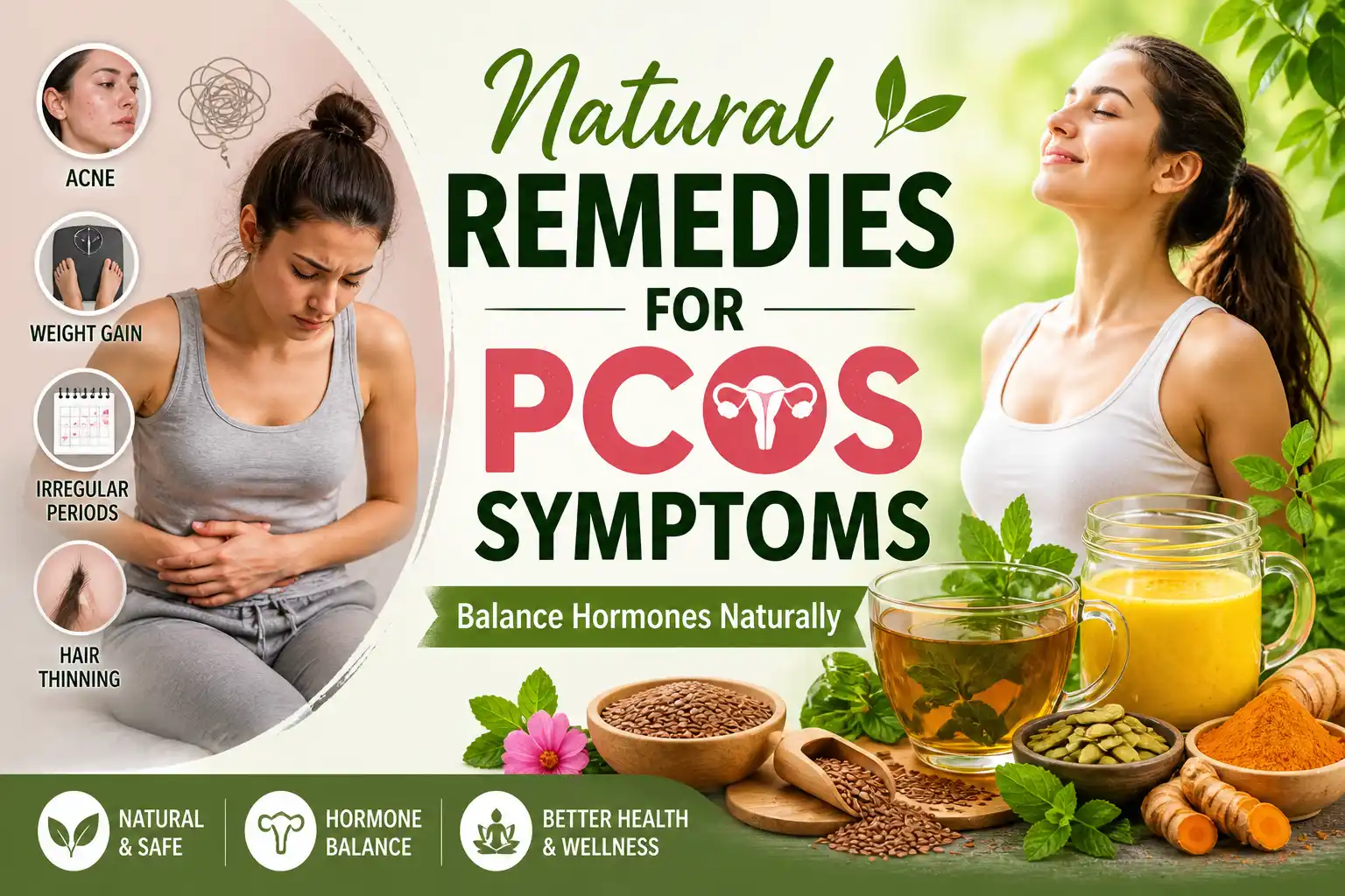 Natural remedies for PCOS symptoms showing herbal tea, seeds, turmeric milk, and lifestyle solutions for hormone balance