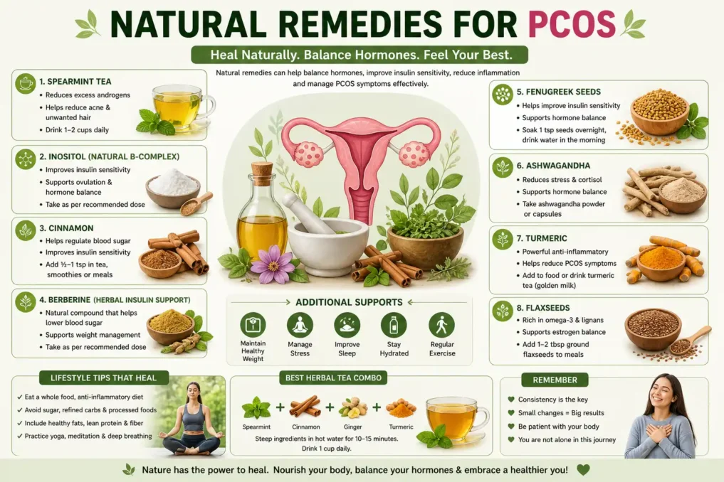 infographic showing natural remedies for PCOS including spearmint tea, cinnamon, turmeric, flax seeds, and lifestyle changes for hormone balance