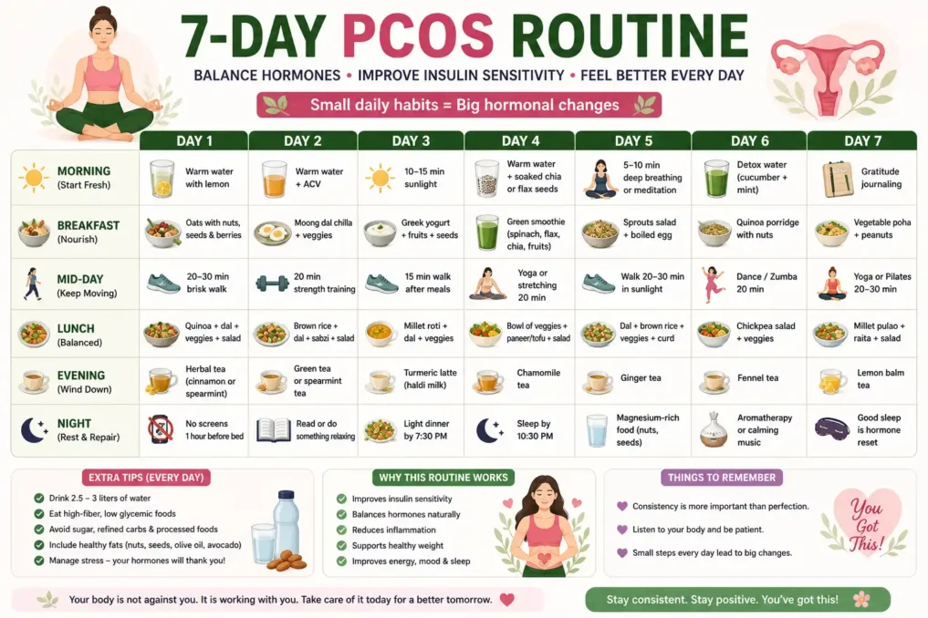 7-day PCOS routine chart showing daily diet, exercise, hydration, and lifestyle habits to improve hormone balance naturally