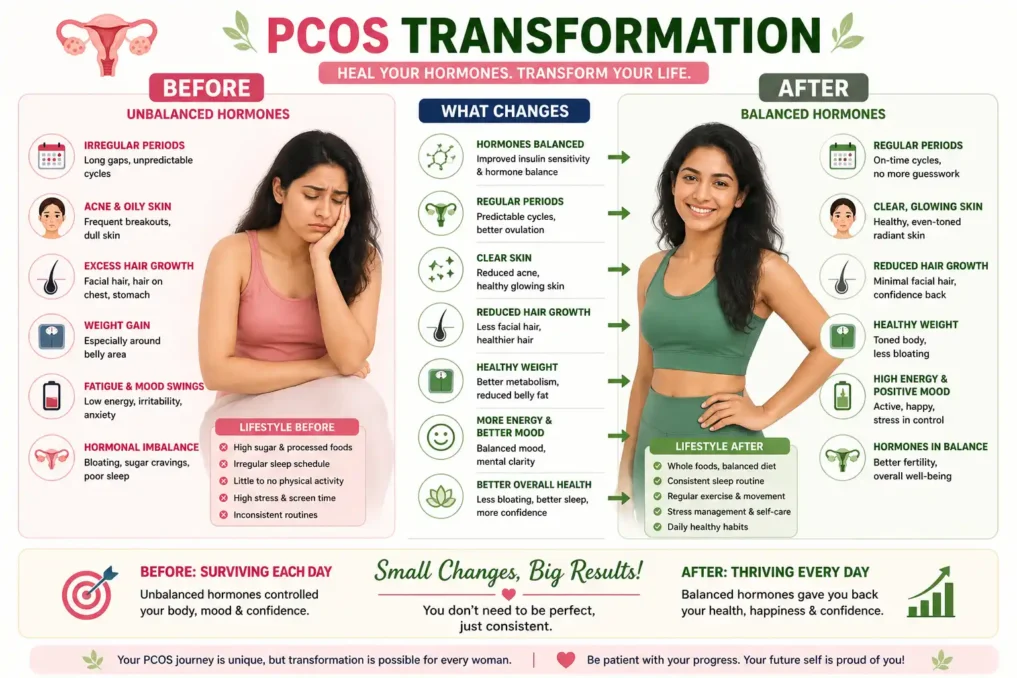 before and after concept image showing improvement in PCOS symptoms such as weight balance, clear skin, regular periods, and better energy after natural lifestyle changes