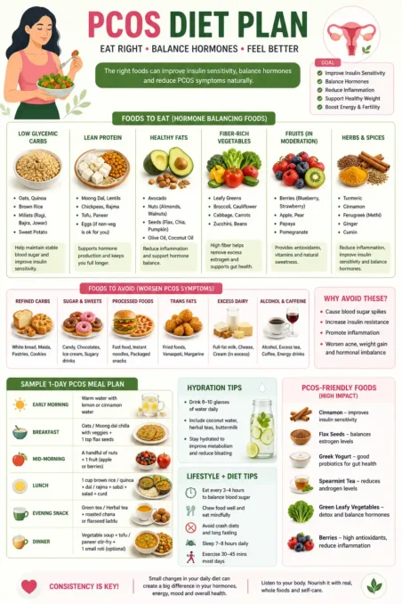 PCOS diet visual showing foods to eat and avoid including low glycemic foods, healthy fats, vegetables, and foods that trigger insulin resistance