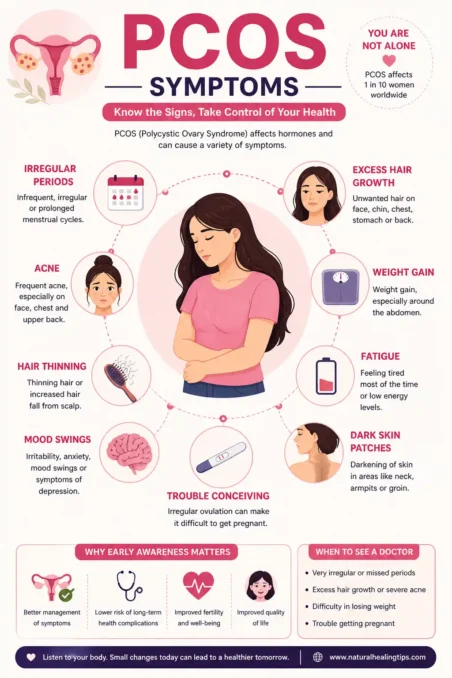 Infographic showing common PCOS symptoms including irregular periods, weight gain, acne, hair growth, and hormonal imbalance signs