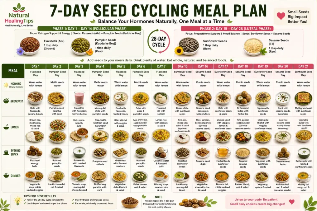 7 day seed cycling meal plan showing daily meals with flax pumpkin sunflower sesame seeds for natural hormone balance and menstrual cycle support
