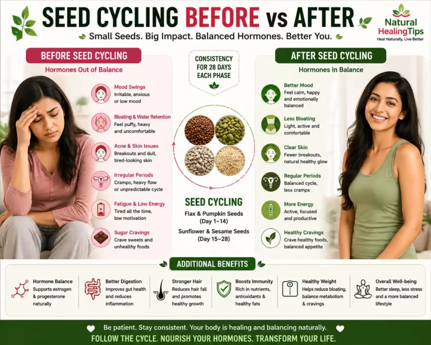before and after comparison of hormonal imbalance symptoms showing fatigue acne mood swings vs improved energy clear skin and balanced hormones after seed cycling