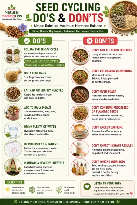 infographic showing seed cycling dos and donts including correct seed intake consistency daily use and mistakes to avoid for hormone balance