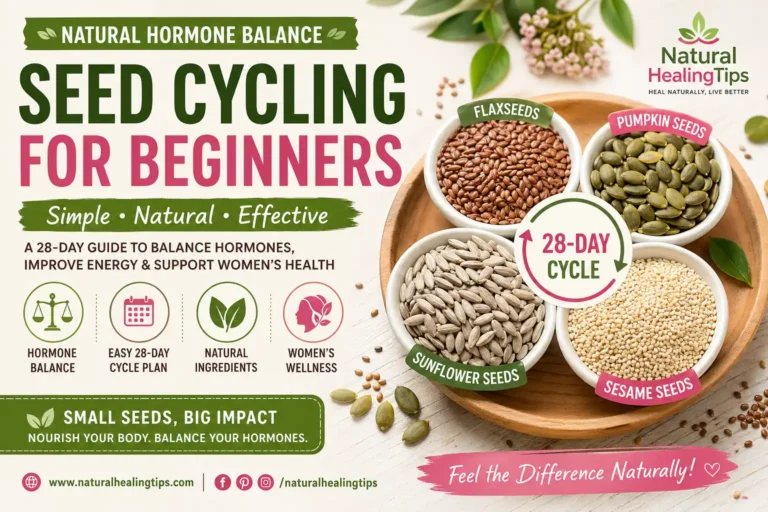 seed cycling for beginners infographic showing flax pumpkin sunflower and sesame seeds used for natural hormone balance in a 28 day cycle