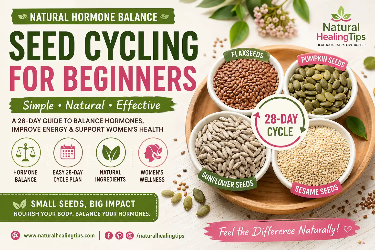 seed cycling for beginners infographic showing flax pumpkin sunflower and sesame seeds used for natural hormone balance in a 28 day cycle