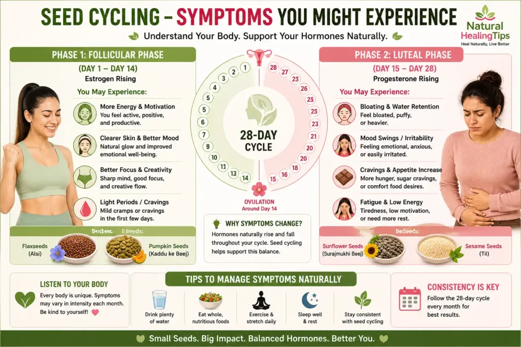 diagram showing 28 day menstrual cycle phases follicular ovulation luteal with seed cycling seeds flax pumpkin sunflower sesame for hormone balance