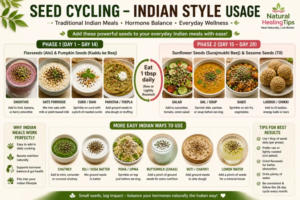 indian style seed cycling using flax pumpkin sunflower sesame seeds in paratha curd dal laddu and traditional meals for hormone balance