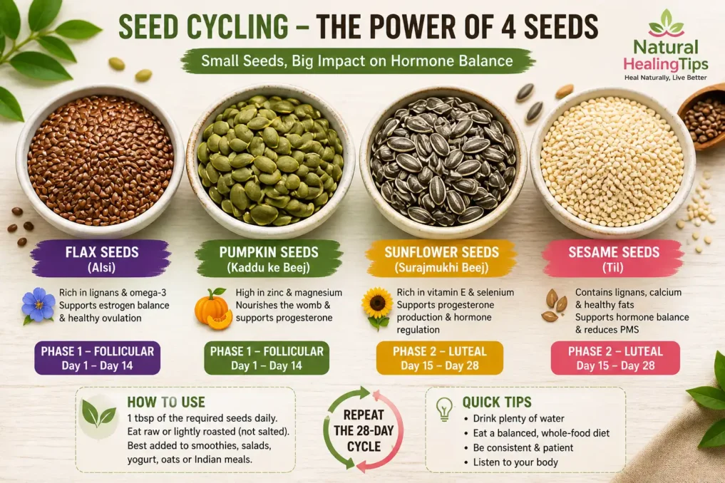 close up of flaxseeds pumpkin seeds sunflower seeds and sesame seeds in bowls used for seed cycling and natural hormone balance