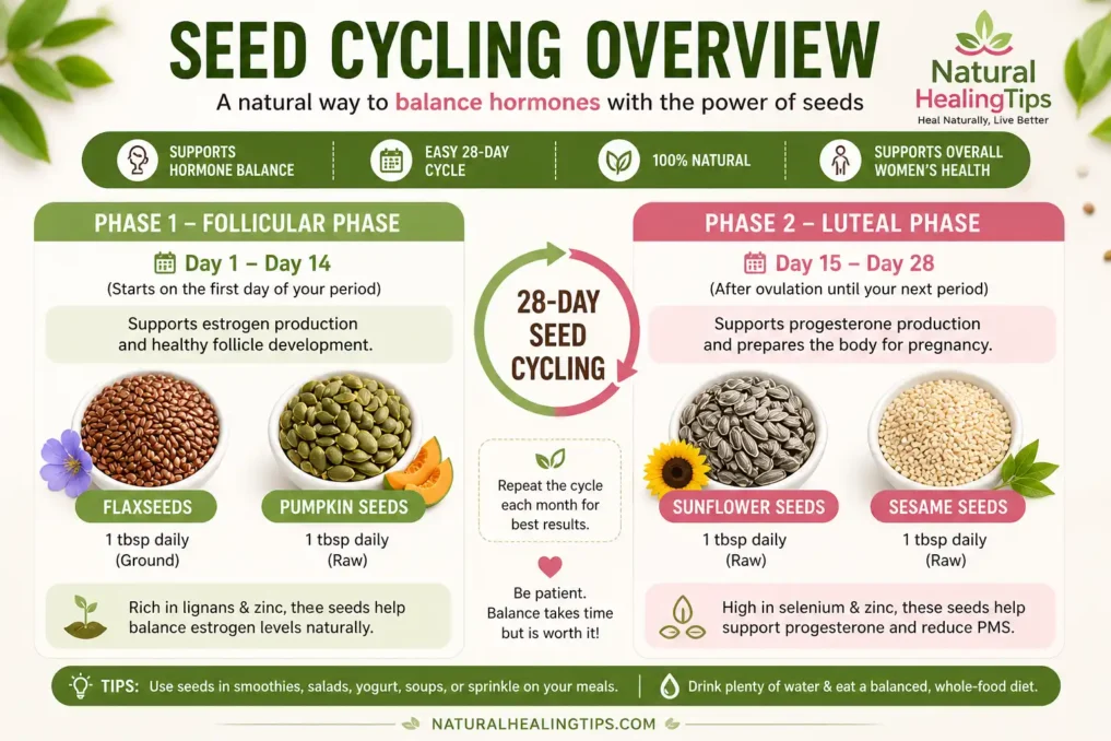 infographic showing seed cycling overview with flax pumpkin sunflower sesame seeds divided into follicular and luteal phases for natural hormone balance