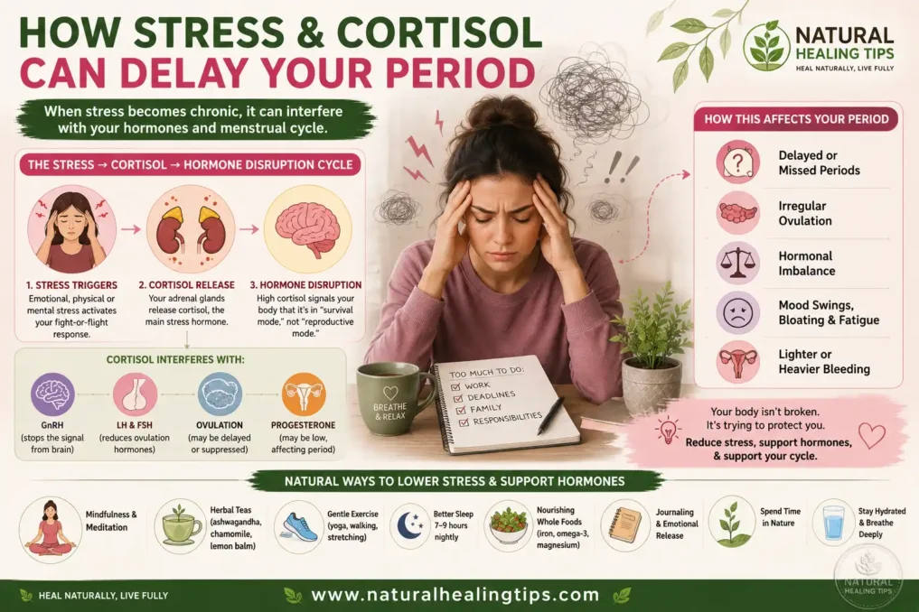 How to Regulate Periods Naturally 2 Infographic explaining how chronic stress and cortisol affect hormones ovulation and menstrual cycle health